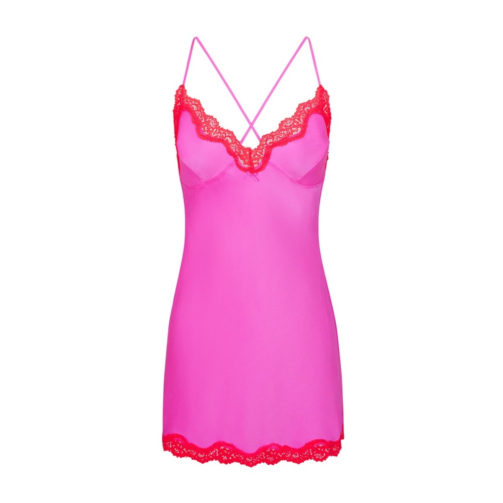SKIMS Lace Trimmed Silk Slip Dress - Neon Orchid